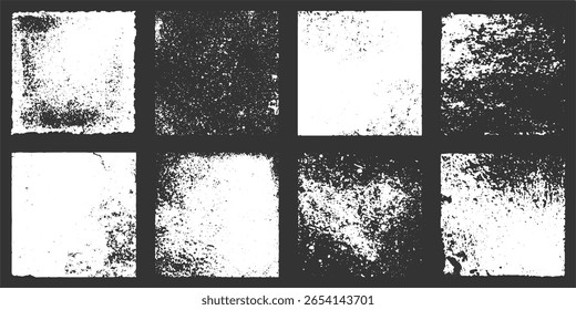 Eight black and white grunge textures with distressed edges and speckled patterns.