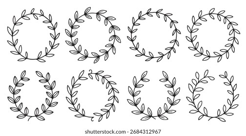 eight black and white hand drawn oval leaf wreaths rustic