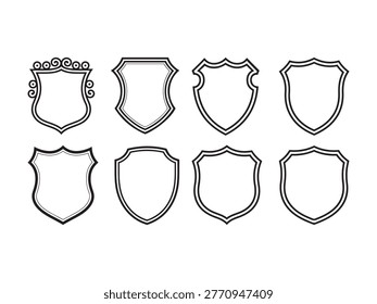 Eight black and white heraldic shield outlines with various shapes