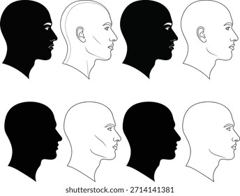 Ocho siluetas de cabeza humana en blanco y negro en dos filas, mostrando diferentes tonos de gris, desde negro sólido hasta dibujo de líneas