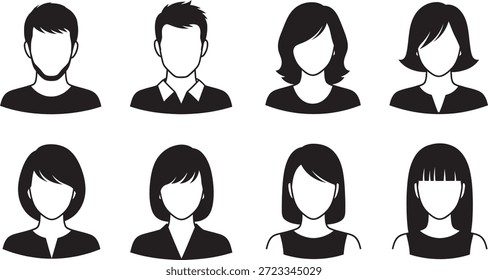 Acht schwarz-weiße Illustrationen von menschlichen Köpfen und Schultern ohne Gesichtszüge