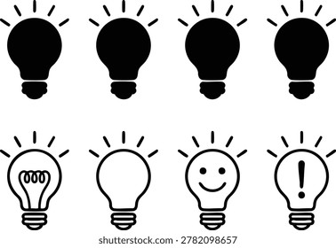 Eight black and white light bulb with varied expressions and symbols