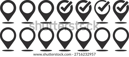 Eight black and white location markers with some containing checkmarks