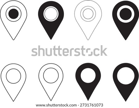Eight black and white map location pin in two rows on a white background marker destination