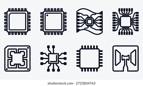 Eight black and white microchip icons on light gray background
