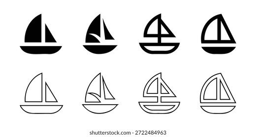 Eight black and white sailboat in two rows of four each outline silhouette