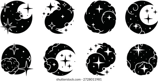 Eight black and white silhouette illustrations of crescent moon phases with stars and sparkles in a yin yang style on a white background