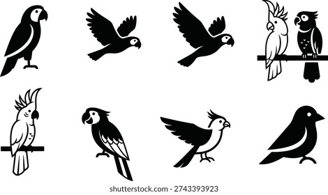 Eight black and white silhouette illustrations of parrots and cockatoos