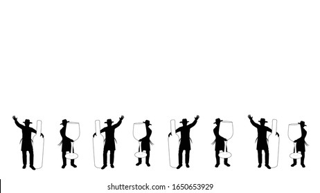 Eight black and white silhouettes of an ultra-Orthodox Jewish Hasidic figure. Dancing with a huge bottle of white wine. And with a huge glass of wine. Suitable for Jewish holidays, wedding banner