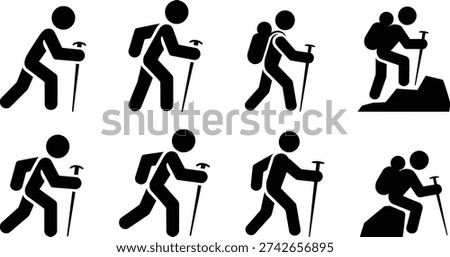 Eight black and white stick figure illustrations of people hiking and climbing