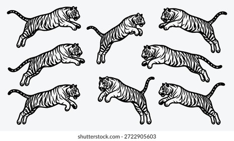 Eight black and white tiger illustrations in various running positions on plain background big cats in motion