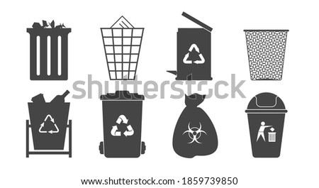 Eight black and white trash cans and trash bins icons. Flat style vector illustration.