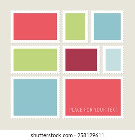 Eight blank colorful  postage stamps, vector templates with place for your images and text