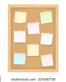 Eight blank paper notes on vertical bulletin board, vector eps10 illustration