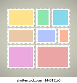 Eight blank postage stamps, vector colored templates with place for your images and text