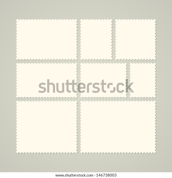 Eight blank postage stamps, vector templates\
with place for your images and\
text