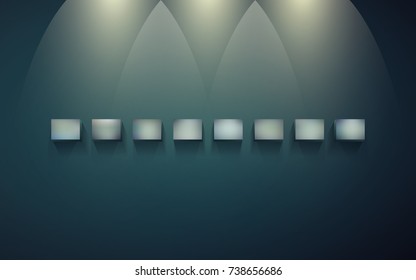 Eight block shelves on a dark wall with shadows and light for infographics. Small blocks for presentation and exhibition of objects. Row of empty shelves for displaying goods or services. EPS 10