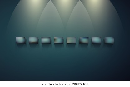 Eight block shelves on a dark wall with shadows and light for infographics. Small blocks for presentation and exhibition of objects. Row of empty shelves for displaying goods or services. EPS 10