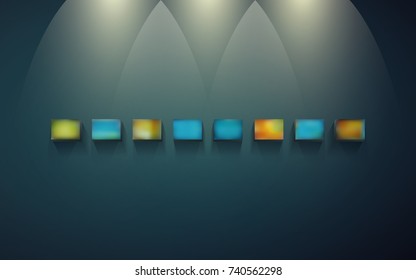 Eight block shelves on a dark wall with shadows and light for infographics. Small blocks for presentation and exhibition of objects. Row of empty shelves for displaying goods or services. EPS 10