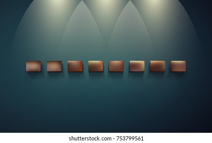 Eight block shelves on a dark wall with shadows and light for infographics. Small blocks for presentation and exhibition of objects. Row of empty shelves for displaying goods or services. EPS 10