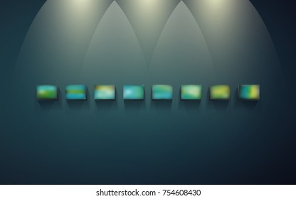 Eight block shelves on a dark wall with shadows and light for infographics. Small blocks for presentation and exhibition of objects. Row of empty shelves for displaying goods or services. EPS 10