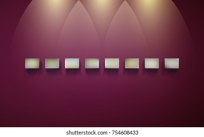 Eight block shelves on a dark wall with shadows and light for infographics. Small blocks for presentation and exhibition of objects. Row of empty shelves for displaying goods or services. EPS 10