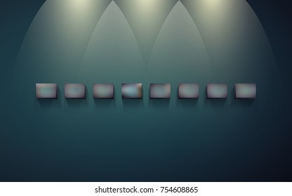 Eight block shelves on a dark wall with shadows and light for infographics. Small blocks for presentation and exhibition of objects. Row of empty shelves for displaying goods or services. EPS 10