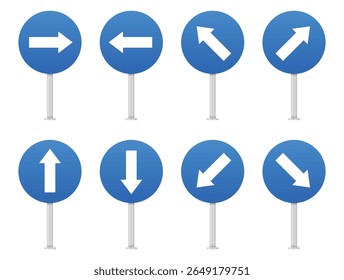 Eight blue circular signs, each featuring a white arrow pointing in different directions: right, left, up, down, and various diagonal angles, indicating directions.