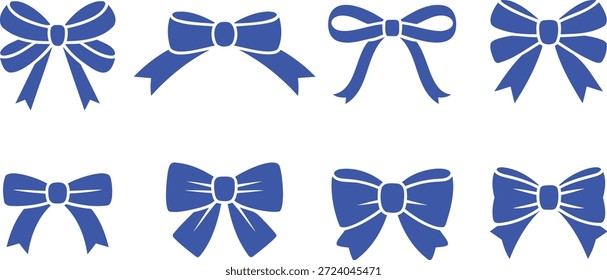 Eight blue ribbon bow on white background gift decoration