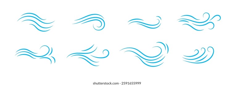 Eight blue wave symbols showing motion and elegance with curvy lines on a clean surface.