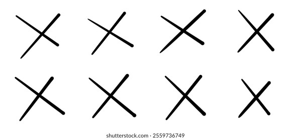 Eight bold black X marks arranged in two rows on a white background, commonly used for rejection, errors, or crossing items out.