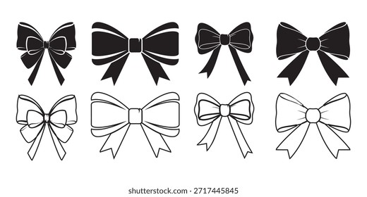 Eight bow illustrations in black and white outlines and silhouettes