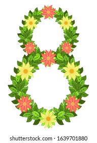 Eight of bright spring leaves and flowers. Eight for cards on March 8, International Women's Day. Decorative eight of bright wreaths - vector template for cards and posters for Women's Day.