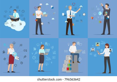 Eight cards with tech icons of schedule gramophone bogie percents clocks and clouds which surround businessman's vector illustration isolated on blue