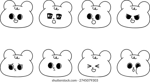 Eight cartoon bear faces with different facial expressions, simple black and white illustration.