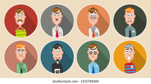 Eight cartoon characters. Men with different looks and emotions. Vector set