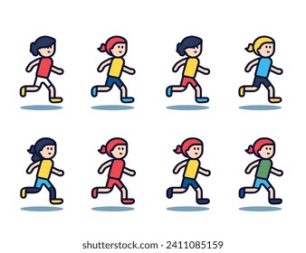 Eight cartoon children running, boys and girls in colorful sportswear. Children engage in physical activity, fun run concept. Kids outdoors exercise vector illustration.