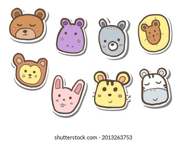 Acht Cartoon Cute Fun Animals Gesicht mit süß. Doodle auf weißer Silhouette und grauer Schatten. Handgezeichneter Cartoon-Stil. Vektorgrafik für Dekoration, Färbung und jedes Design.
