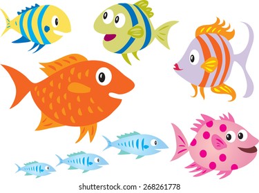 Eight cartoon fish
