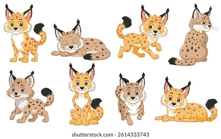 Eight cartoon lynxes with brown and orange spots suitable for childrens books, wildlife educational materials, or naturethemed designs.