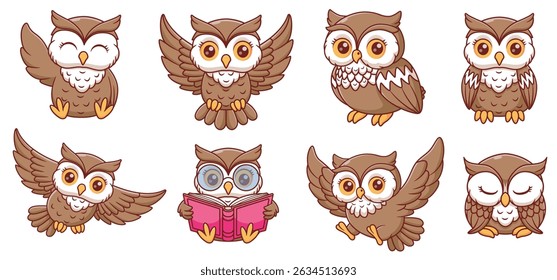 Eight cartoon owls displaying various poses and expressions, perfect for childrens books, illustrations, patterns, and stationery designs.