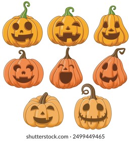 Eight carved pumpkins with various expressions, perfect for Halloween designs, seasonal decorations, greeting cards, and social media posts. Vector illustration