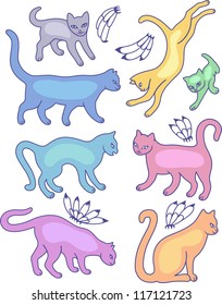 Eight cat silhouettes and fly flowers isolated on white background