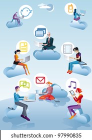 Eight character (four Men ans four women) flying and working between clouds. They are working with computers, smar tphones and tablets. Next to each person appears an icon related to internet.