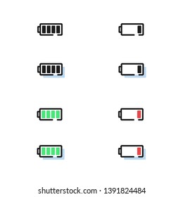 Eight charges battery level icons in line art style for web and mobile app.