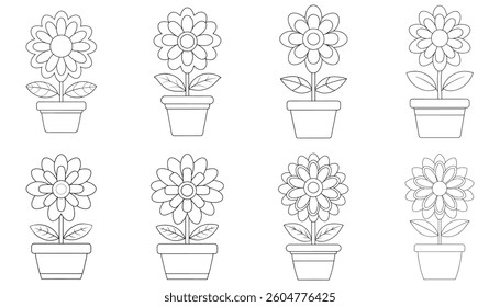 Eight Charming Potted Flowers In Simple Line Art, Perfect For Coloring Pages, A Delightful Bloom Of Spring Cheer And Peaceful Garden Vibes