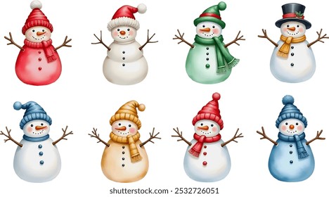 Eight cheerful snowmen in festive hats and scarves, hand-drawn in vibrant watercolor style for Christmas decor.