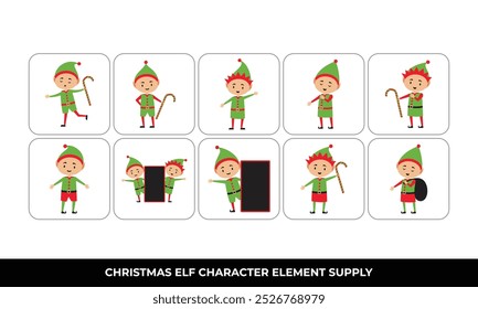 Eight Christmas elves in different poses with candy canes and sacks, perfect for holiday designs, greeting cards, and festive decorations.