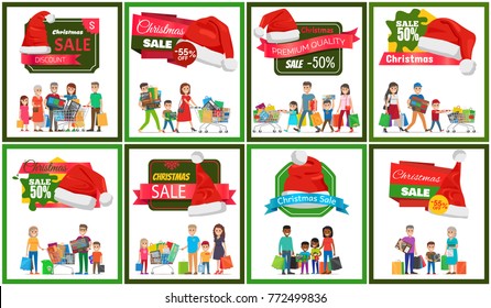 Eight Christmas sale banners vector illustration with happy families carrying their colorful purchases, wheelbarrows, red hats, ad text pretty ribbons