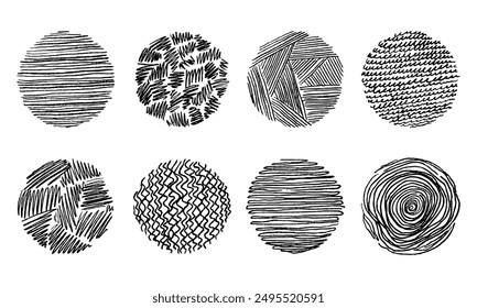 Eight circles with various hand-drawn textures. Doodles and squiggles. Vector set